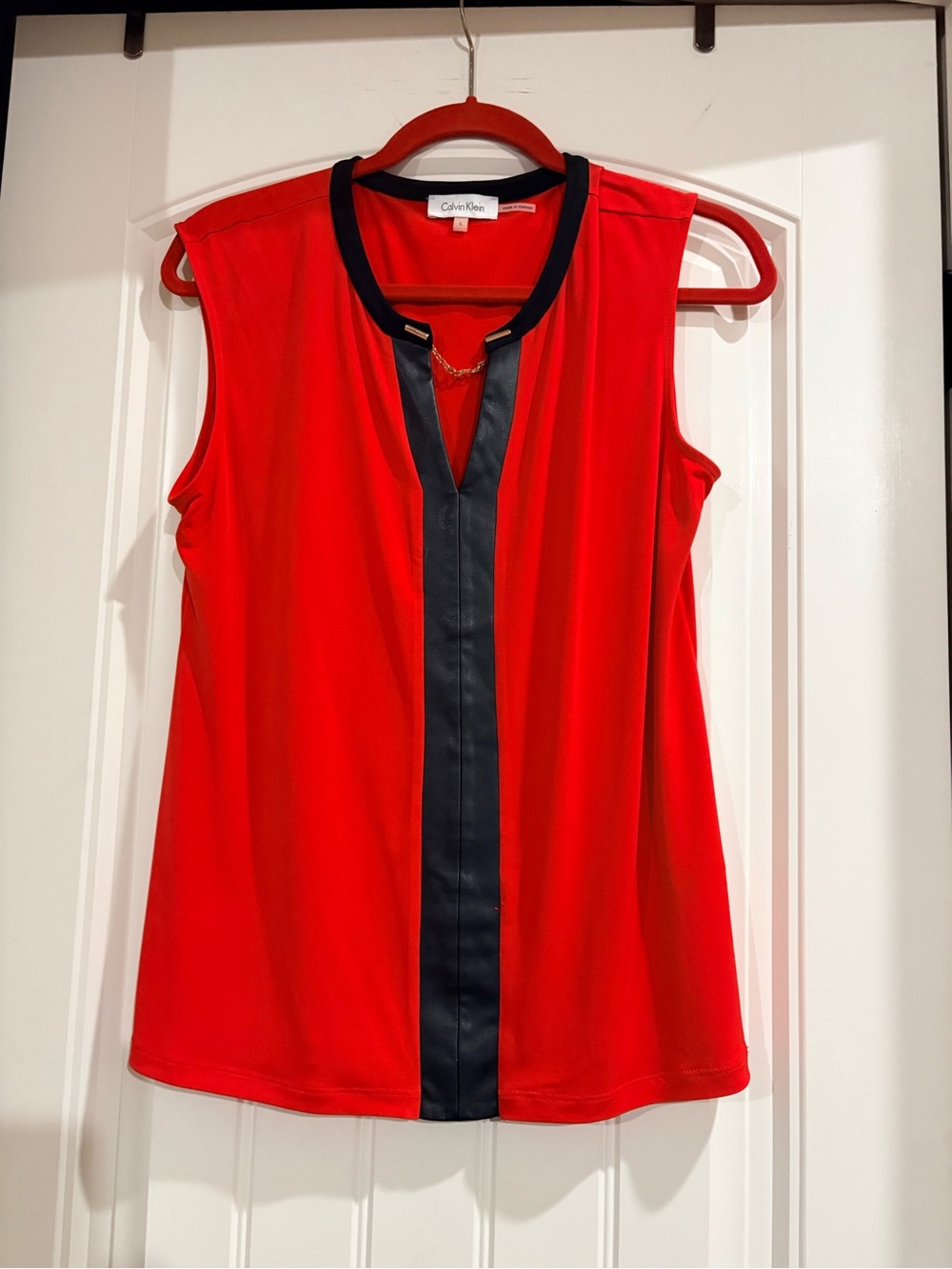 Calvin Klein Red Sleeveless V-Neck Camisole with Black Trim and Gold Chain